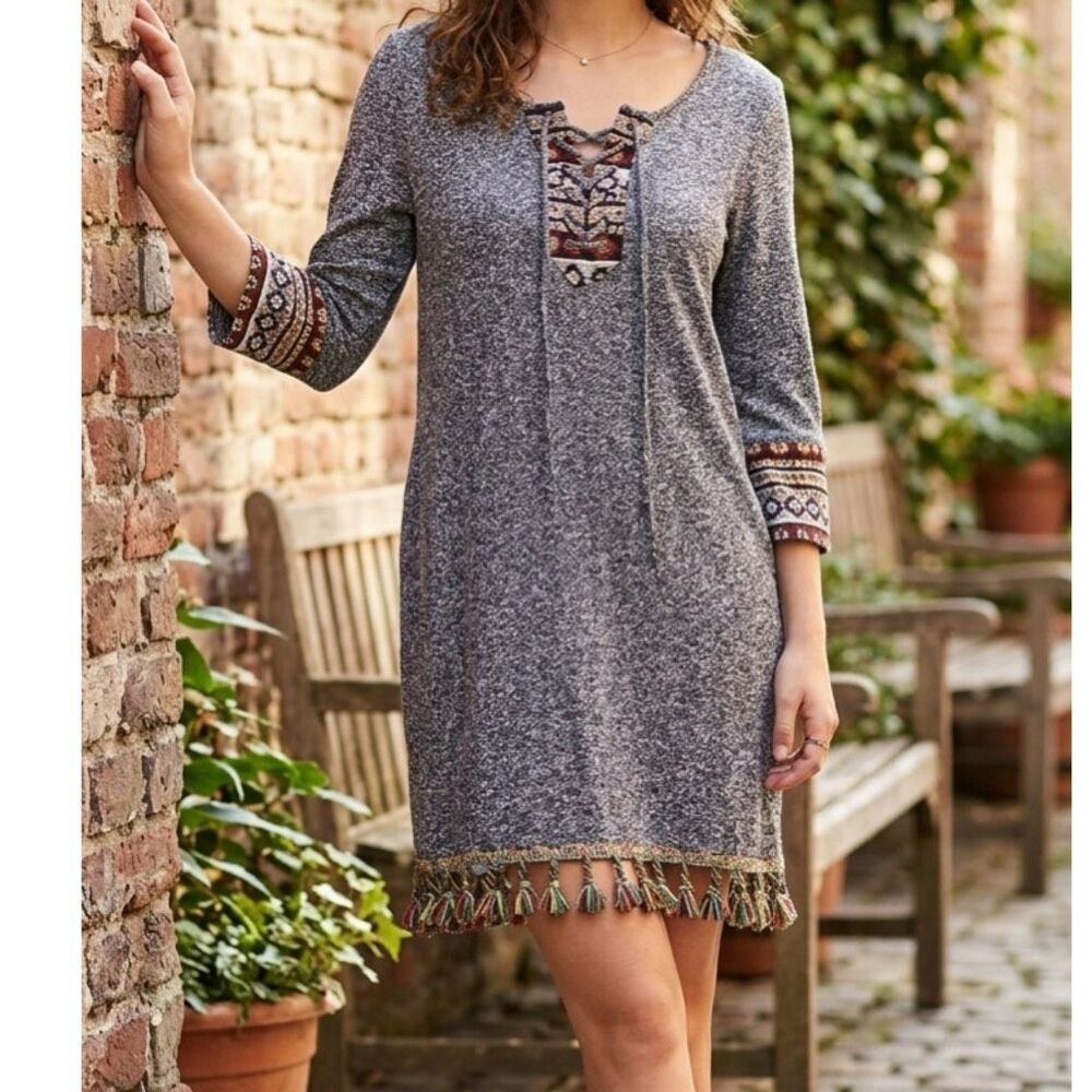 Entro Size M boho festival dress. Embroidered Tassels fringe Aztec